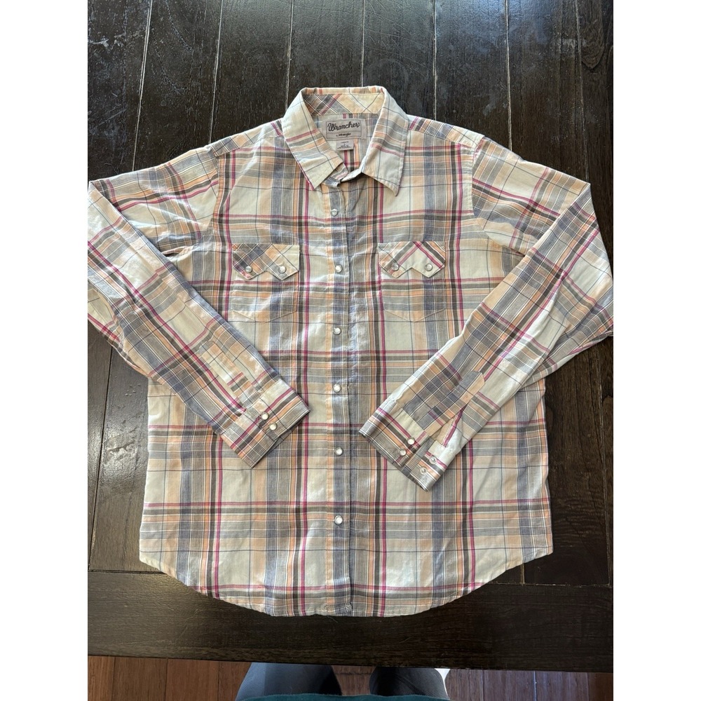 Wrangler Wrancher Pearl Snap Long Sleeve Shirt Women's Large Pink Cream Plaid